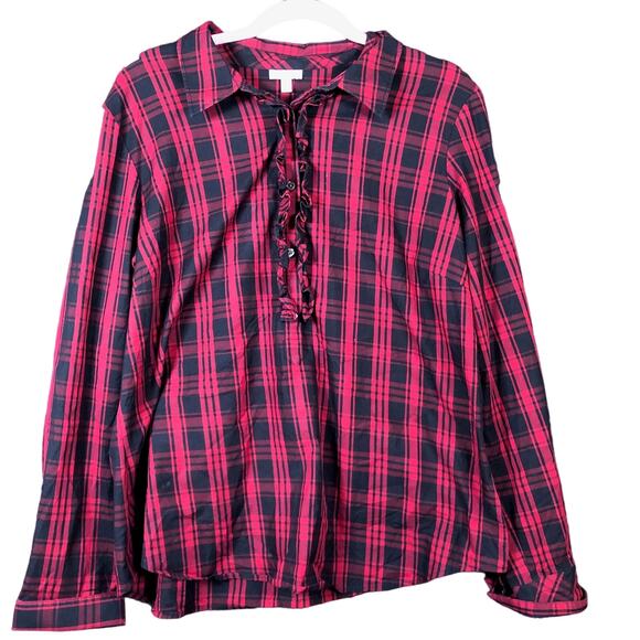 Talbots Womens Shirt Buffalo Plaid Henley Collared Neck Long Sleeve Stretch L - Picture 1 of 11